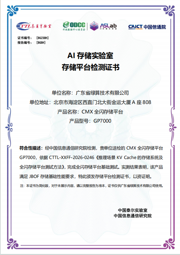 中国信通院泰尔实验室 AI 存储实验室存储平台检测证书（证书编号 B0ZSBH）